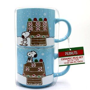 Snoopy Ceramic Mug Set by Peanuts. Blue White Candy House Holiday Gift Set
